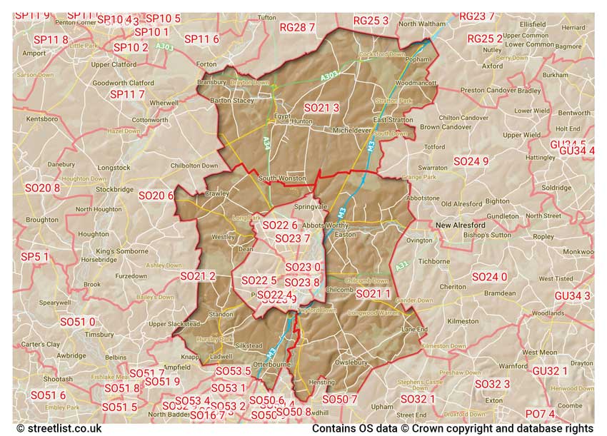 map showing postcode sectors within the SO21 district