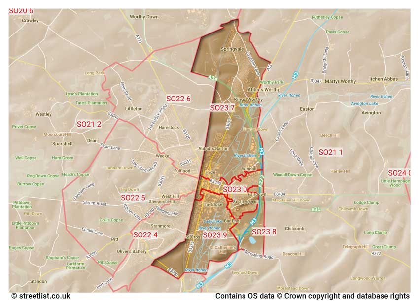 map showing postcode sectors within the SO23 district