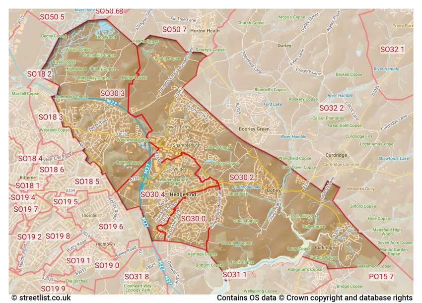 map showing postcode sectors within the SO30 district