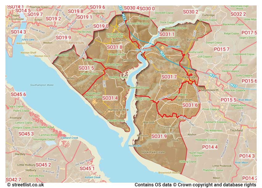 map showing postcode sectors within the SO31 district