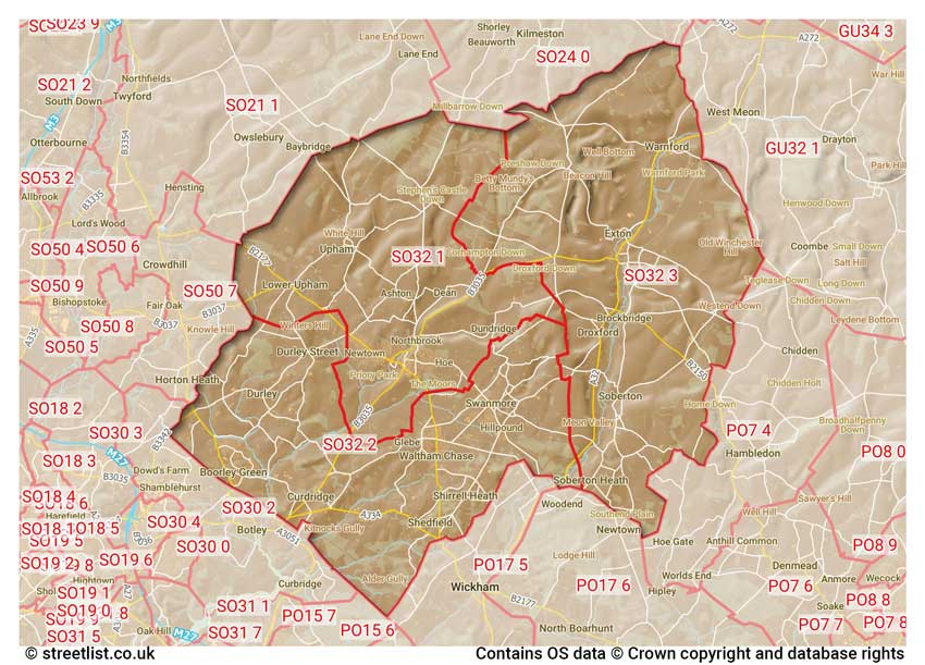 map showing postcode sectors within the SO32 district