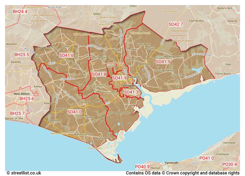 map showing postcode sectors within the SO41 district