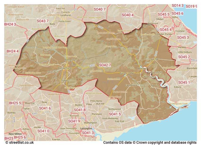 map showing postcode sectors within the SO42 district