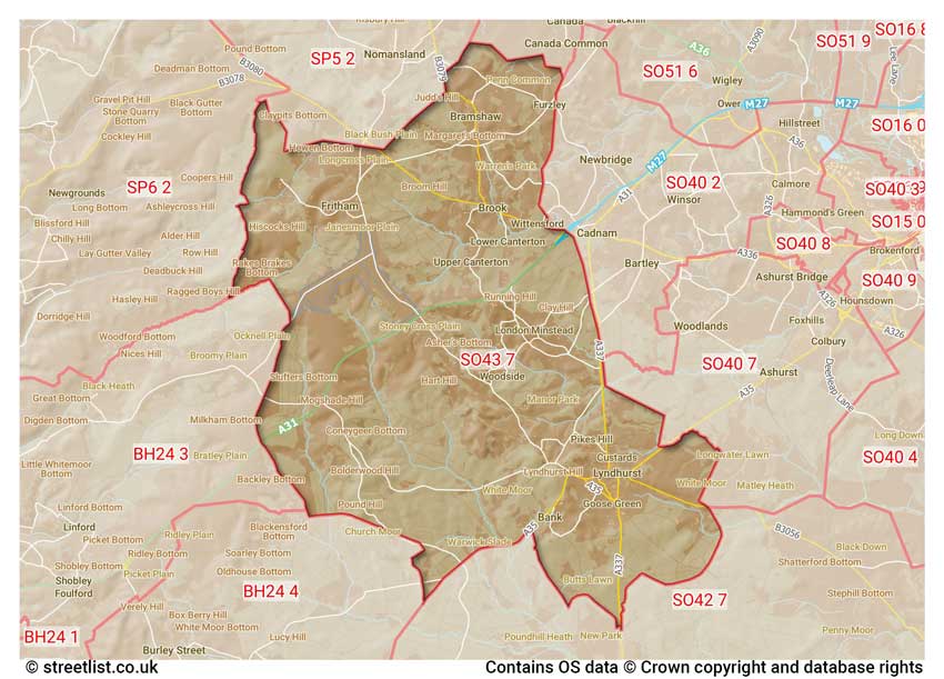 map showing postcode sectors within the SO43 district