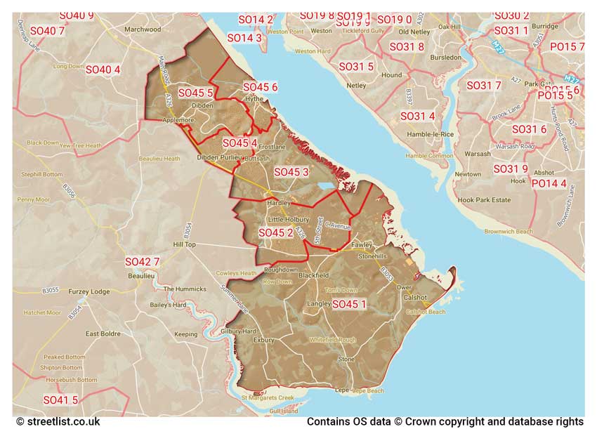 map showing postcode sectors within the SO45 district