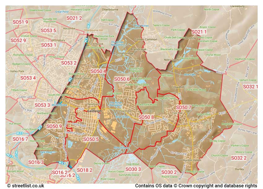 map showing postcode sectors within the SO50 district