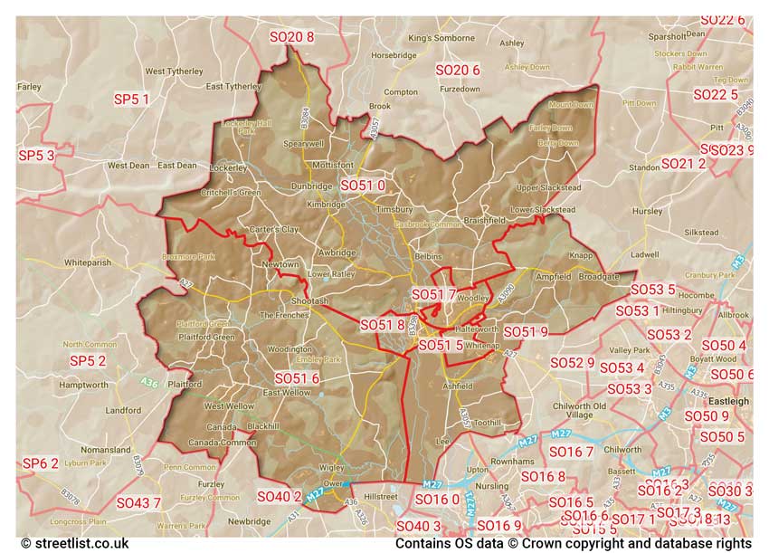 map showing postcode sectors within the SO51 district