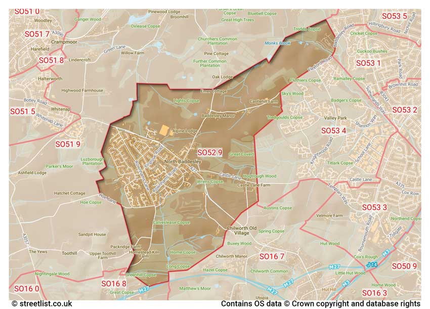 map showing postcode sectors within the SO52 district