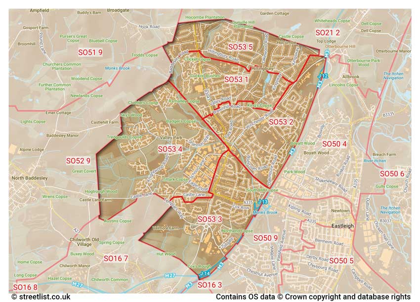 map showing postcode sectors within the SO53 district