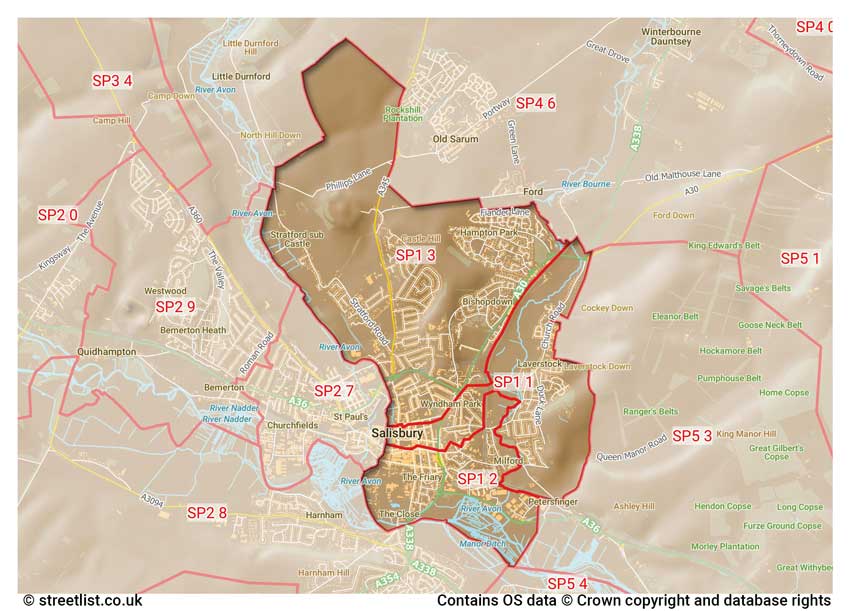 map showing postcode sectors within the SP1 district