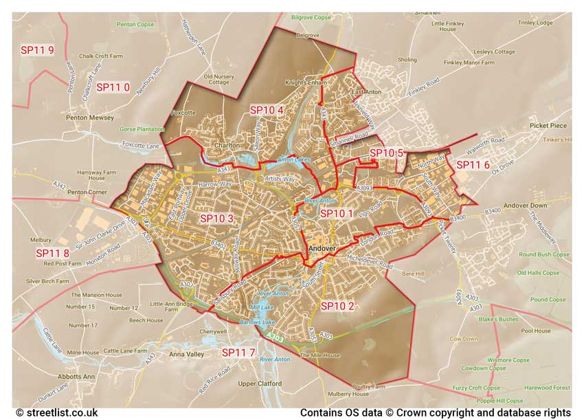 map showing postcode sectors within the SP10 district