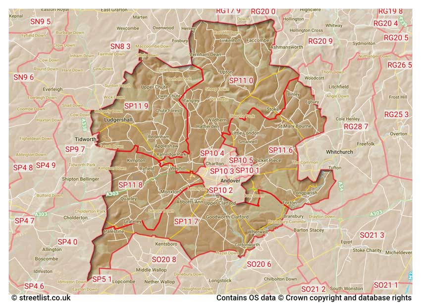 map showing postcode sectors within the SP11 district