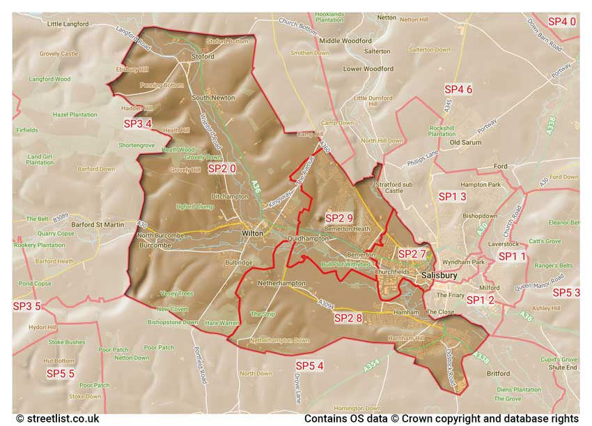 map showing postcode sectors within the SP2 district