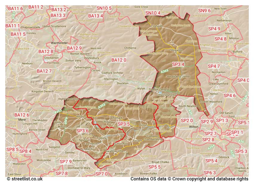 map showing postcode sectors within the SP3 district