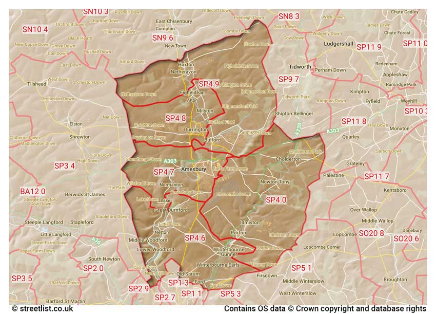 map showing postcode sectors within the SP4 district