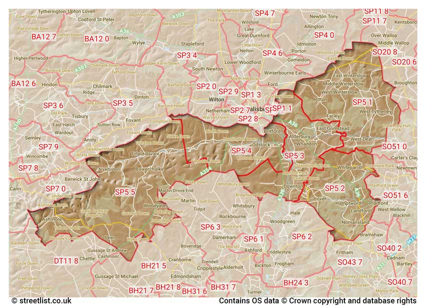 map showing postcode sectors within the SP5 district