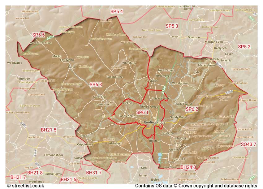 map showing postcode sectors within the SP6 district