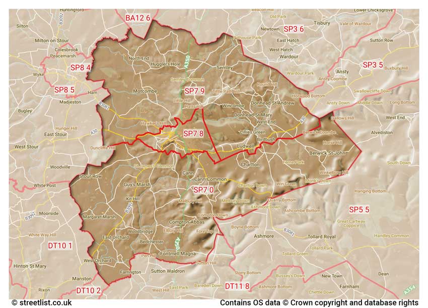 map showing postcode sectors within the SP7 district