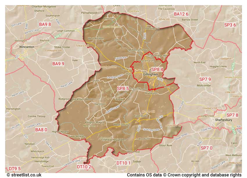 map showing postcode sectors within the SP8 district