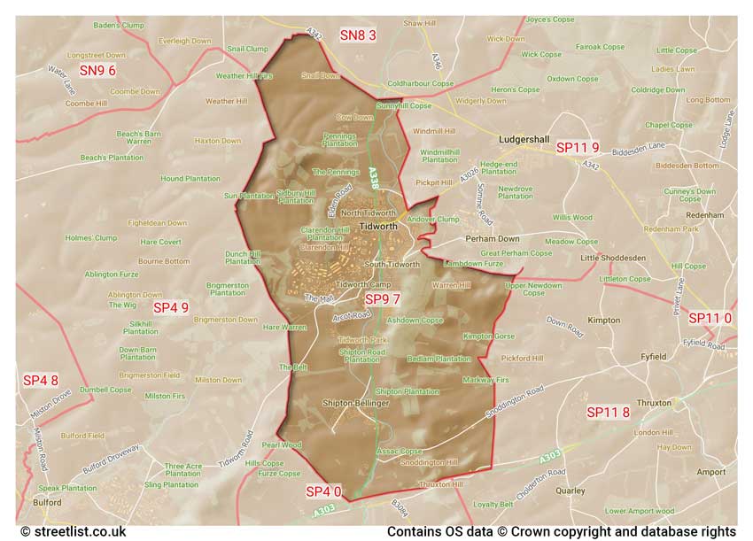 map showing postcode sectors within the SP9 district