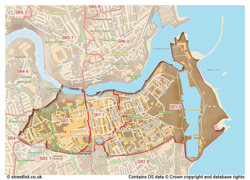 map showing postcode sectors within the SR1 district