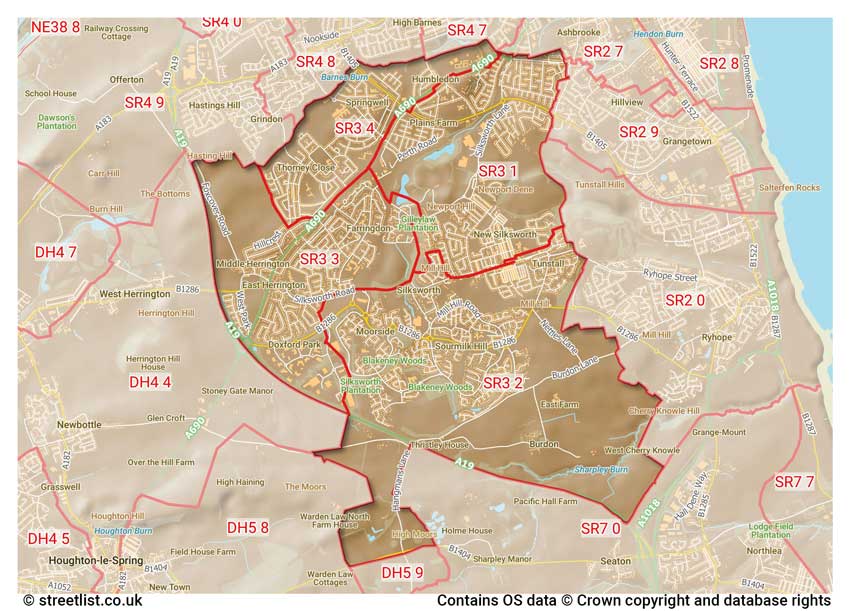 map showing postcode sectors within the SR3 district