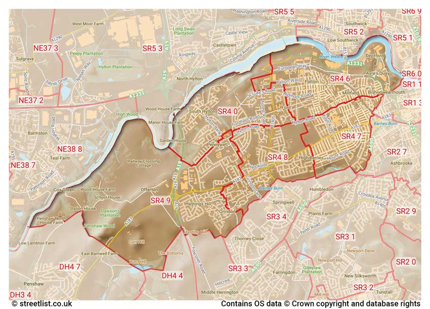 map showing postcode sectors within the SR4 district