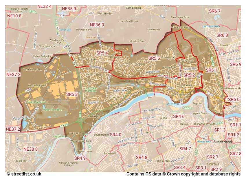 map showing postcode sectors within the SR5 district