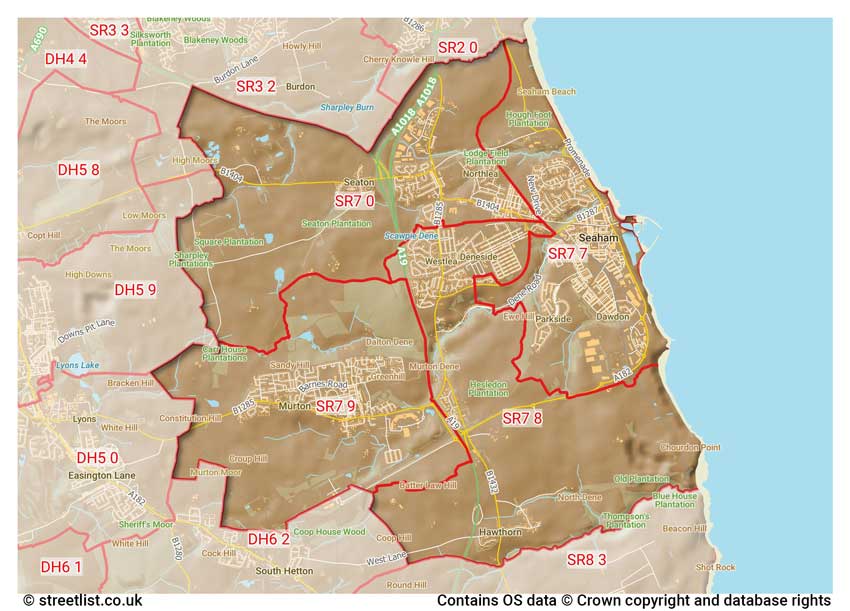 map showing postcode sectors within the SR7 district