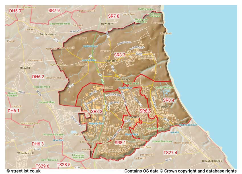 map showing postcode sectors within the SR8 district