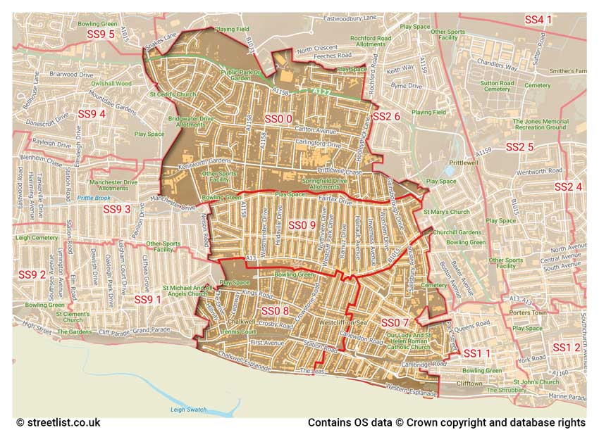 map showing postcode sectors within the SS0 district