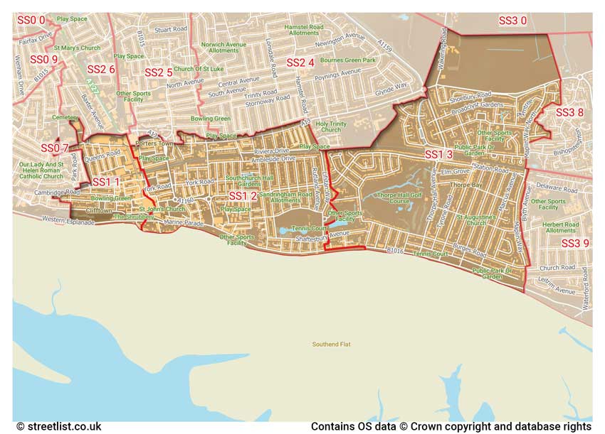 map showing postcode sectors within the SS1 district