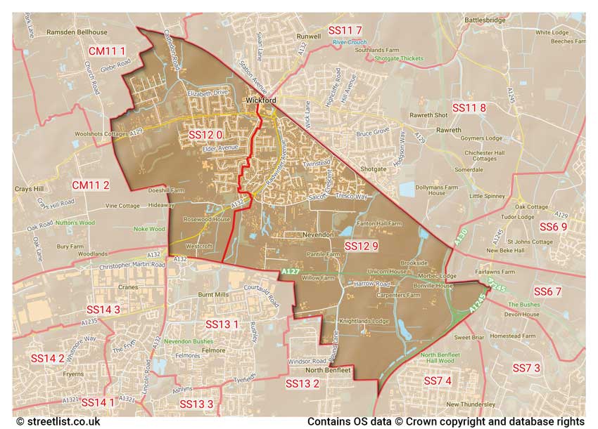 map showing postcode sectors within the SS12 district