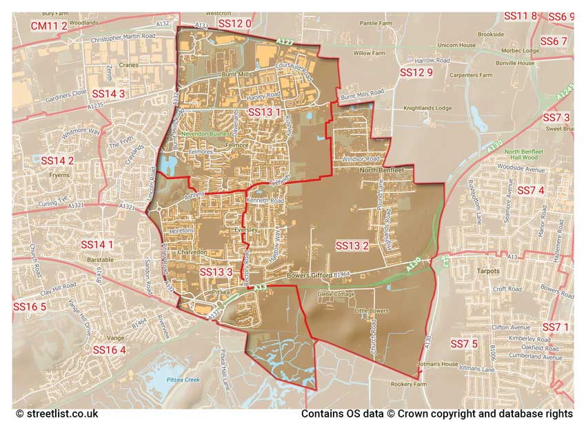 map showing postcode sectors within the SS13 district