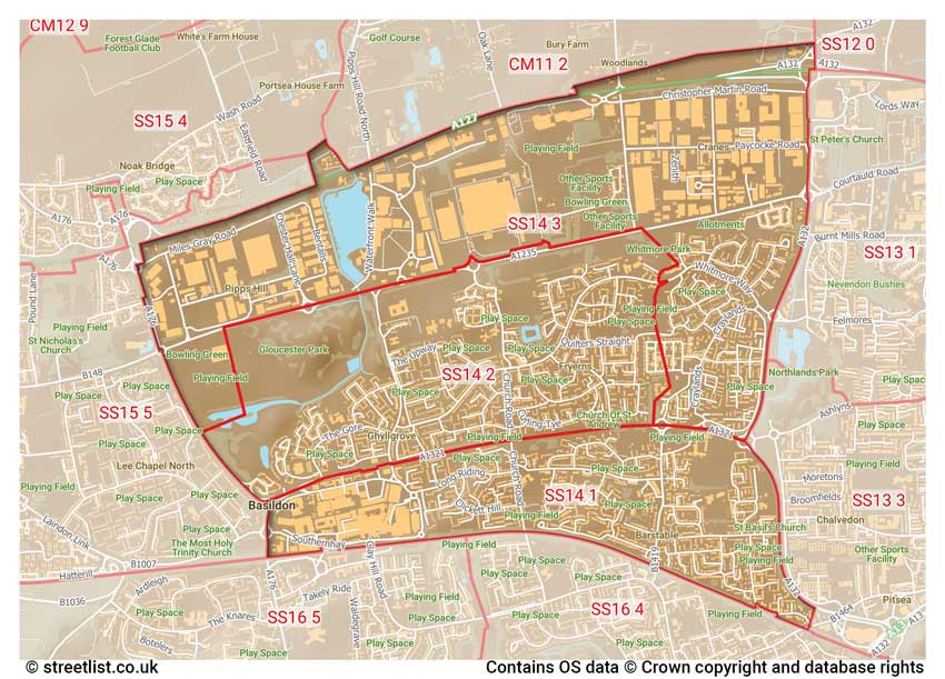 map showing postcode sectors within the SS14 district