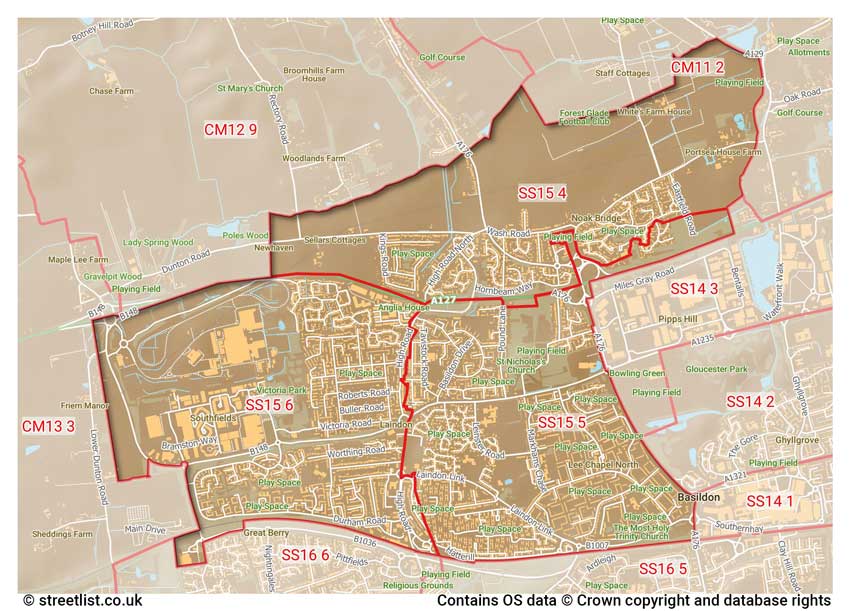 map showing postcode sectors within the SS15 district