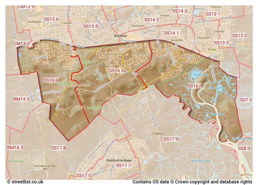 map showing postcode sectors within the SS16 district