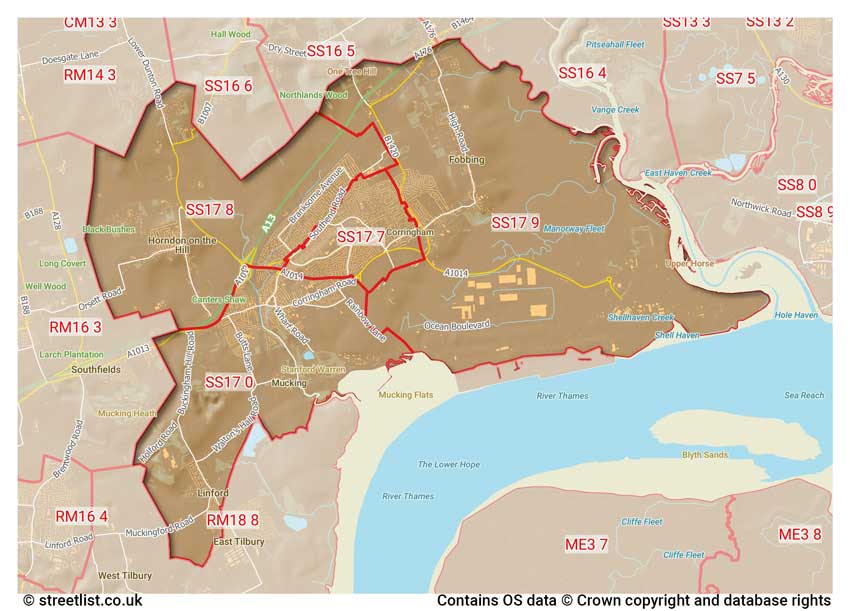 map showing postcode sectors within the SS17 district