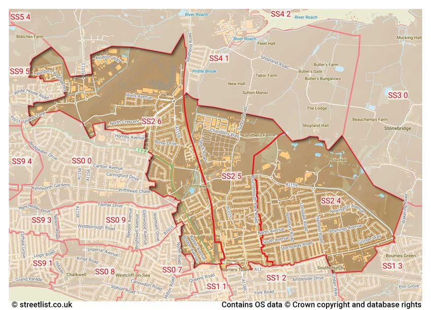 map showing postcode sectors within the SS2 district