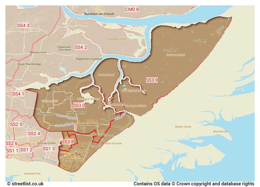 map showing postcode sectors within the SS3 district