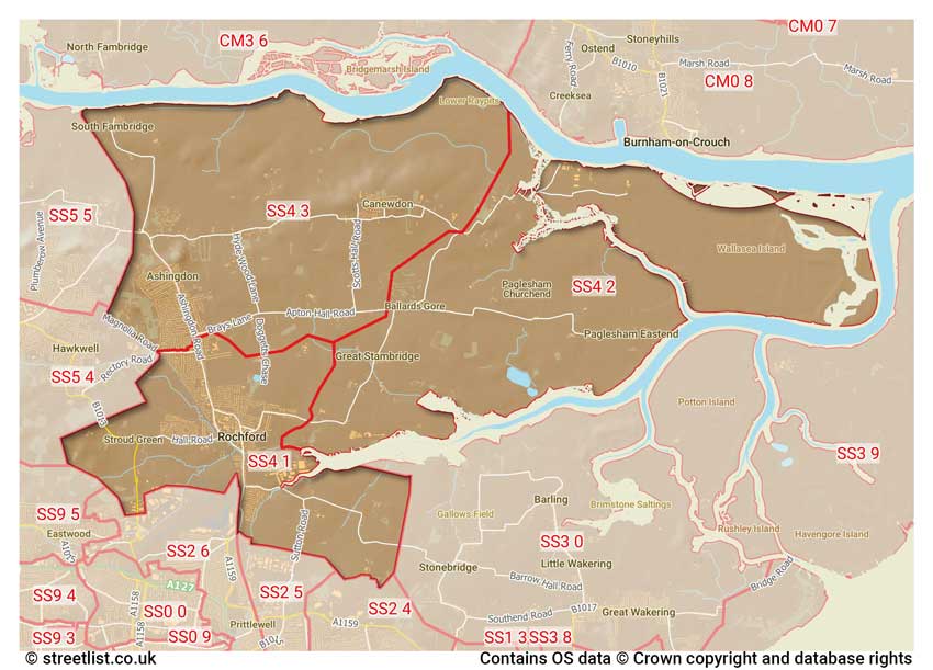 map showing postcode sectors within the SS4 district