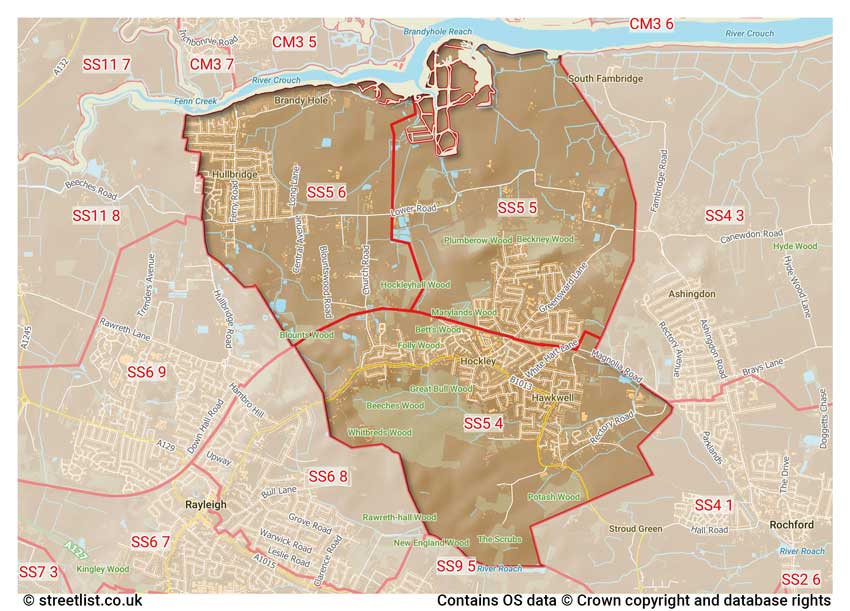 map showing postcode sectors within the SS5 district