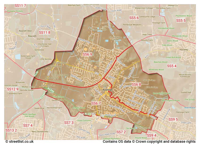 map showing postcode sectors within the SS6 district