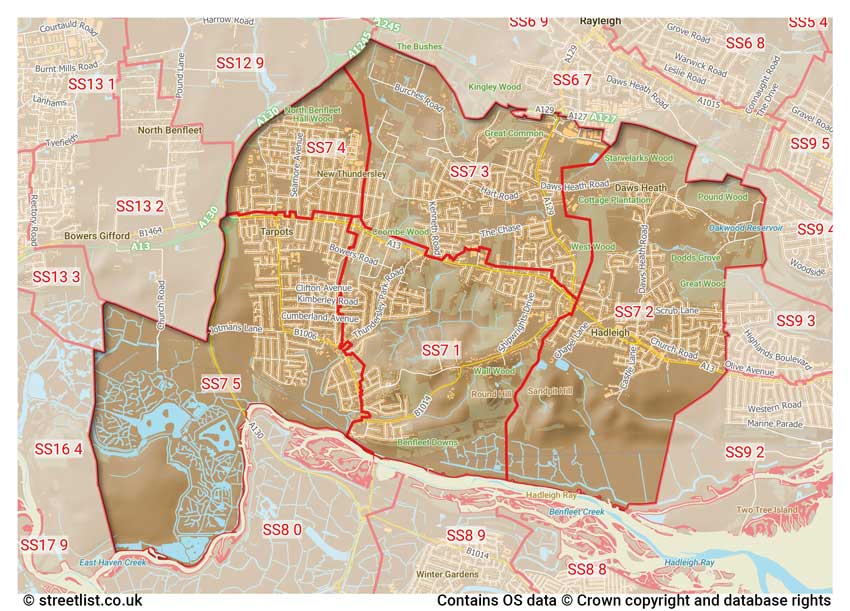 map showing postcode sectors within the SS7 district