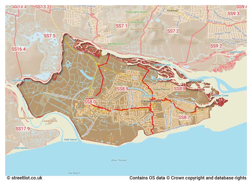 map showing postcode sectors within the SS8 district