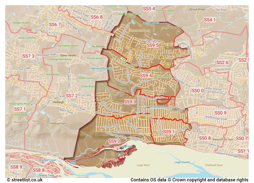 map showing postcode sectors within the SS9 district