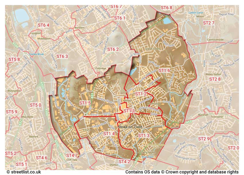 map showing postcode sectors within the ST1 district