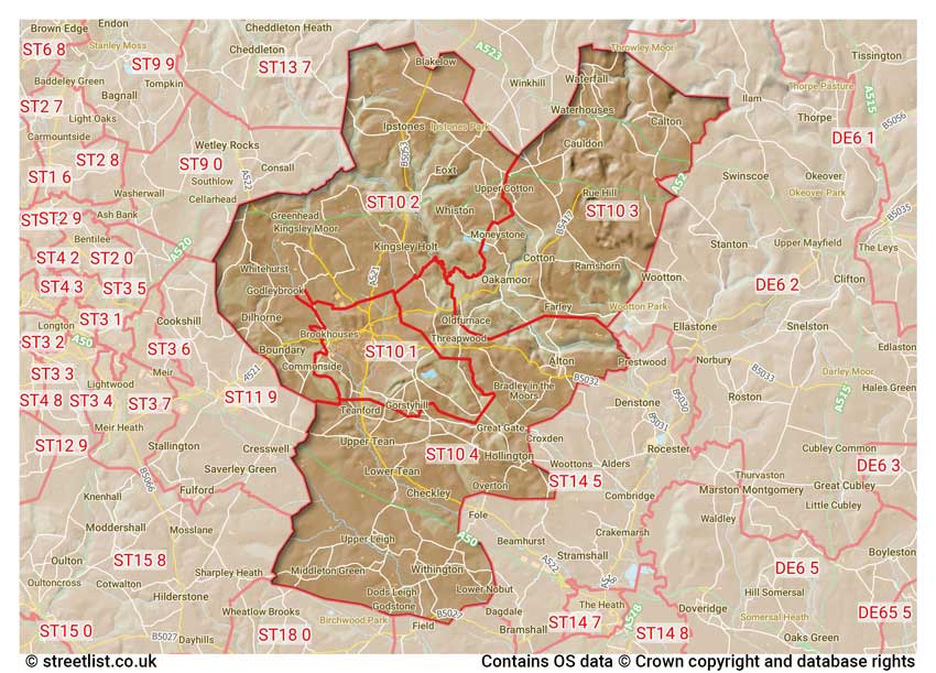 map showing postcode sectors within the ST10 district