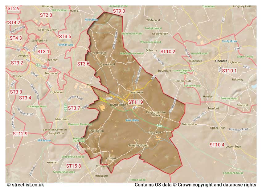 map showing postcode sectors within the ST11 district