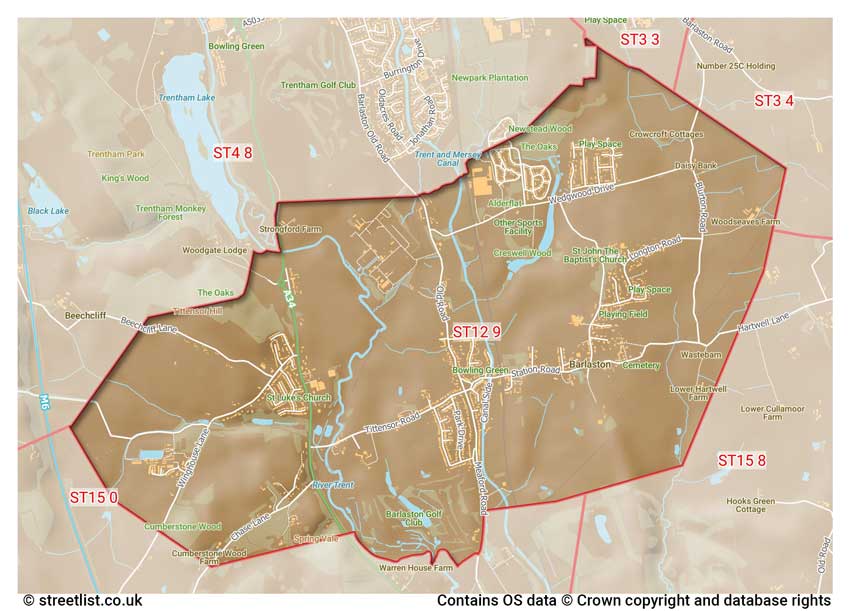 map showing postcode sectors within the ST12 district